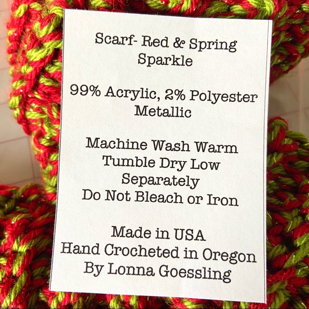 SCARF 🧣 Hand Crocheted 🧶 Red/Spring Green Sparkle-NEW ❤️💚 - Picture 8 of 8